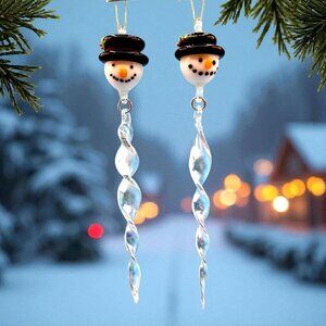 Art Glass Snowman Icicle Ornaments • Iridescent Murano Style Lampwork Christmas